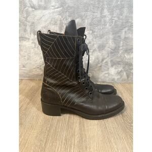 Vintage Black Leather Boots Embroidered Spider Webs 9 Combat Granny Goth Y2K